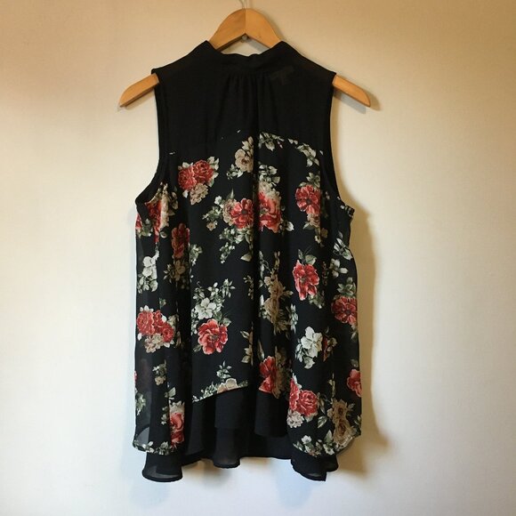 Whimsical Mockneck Tie Back Floral Sleeveless Voluminous Bilayer Blouse - Picture 1 of 16